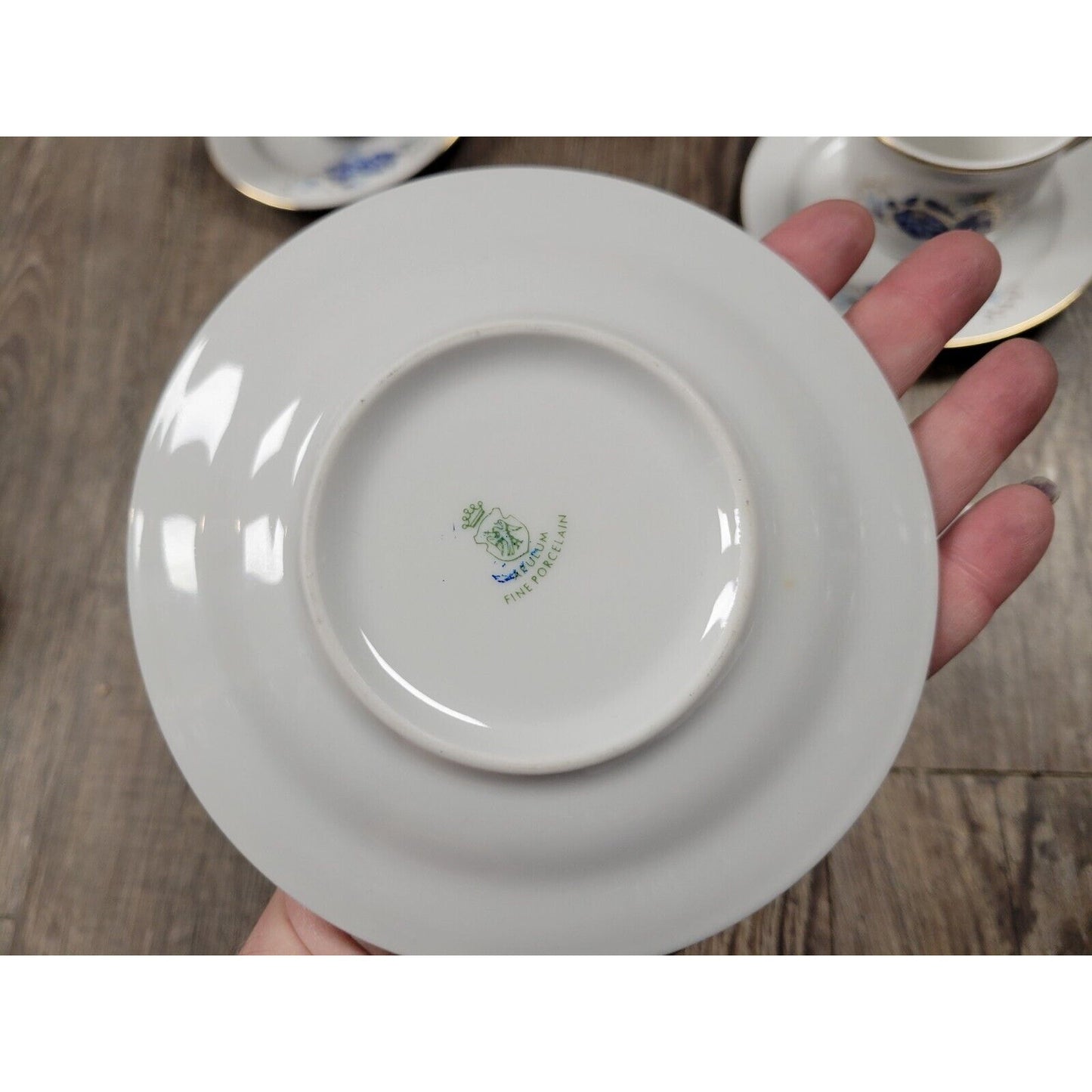 Handpainted Romania Blue Fine Porcelain Tea Cups Saucers 10 Pieces Vintage White