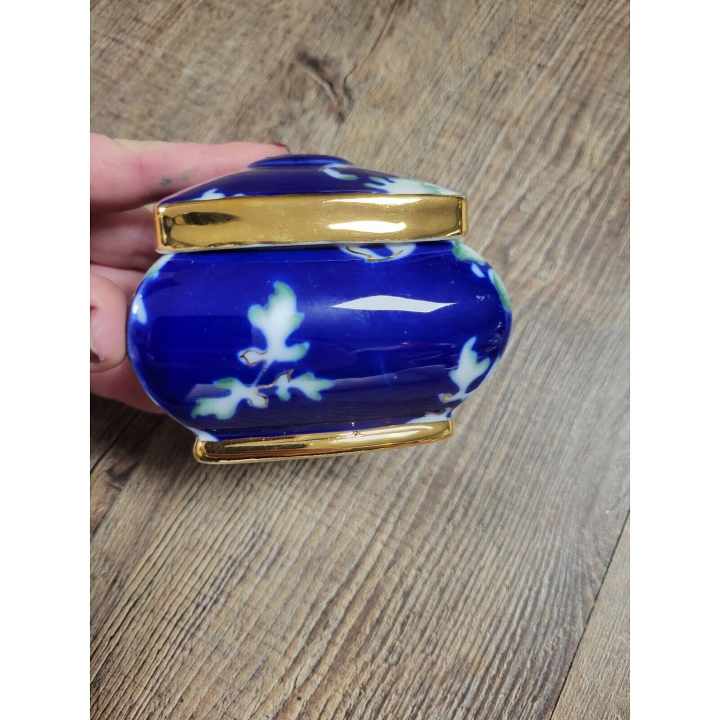 Handpainted Romania Fine Porcelain Moga Cobalt Blue Gold Trinket Box w/ Lid