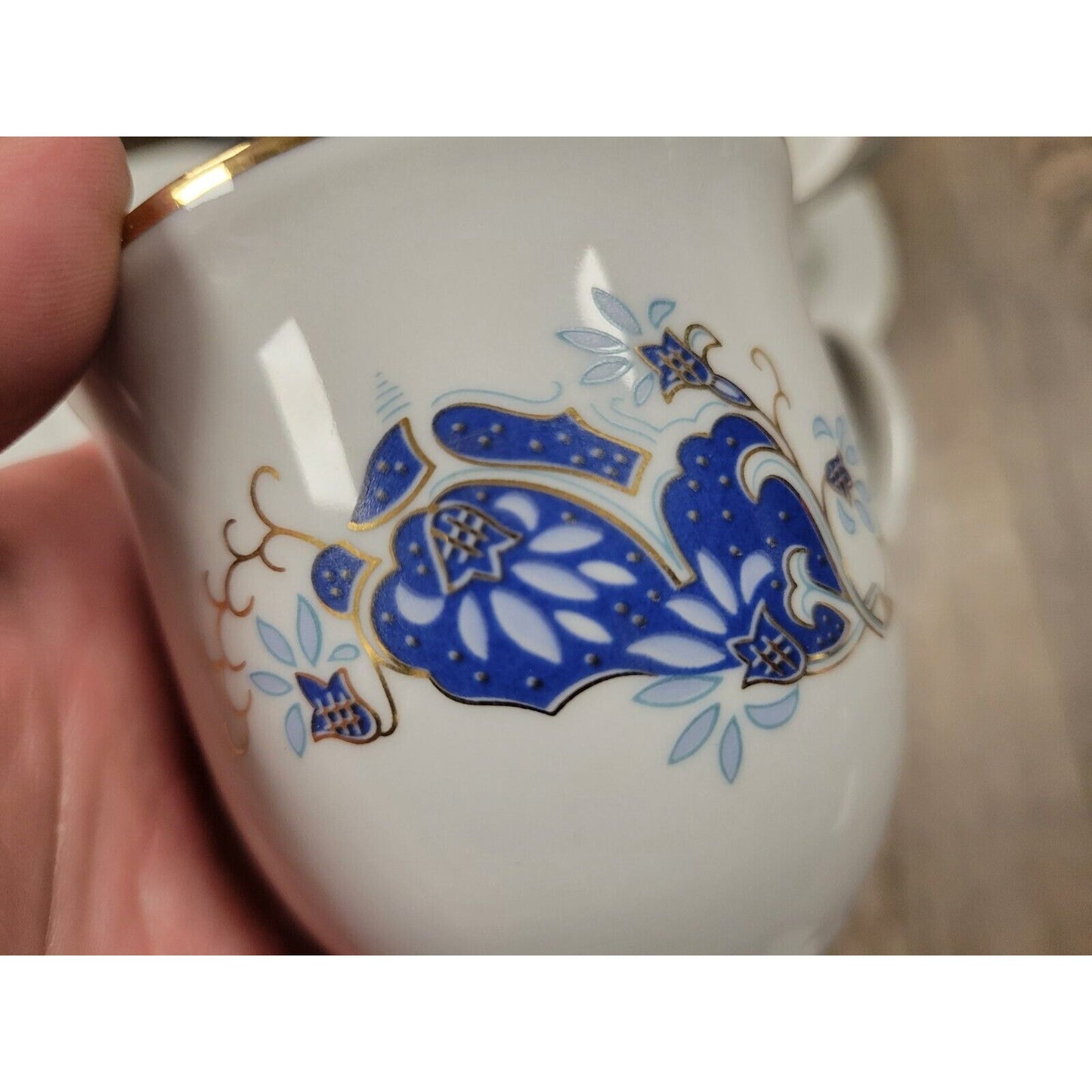 Handpainted Romania Blue Fine Porcelain Tea Cups Saucers 10 Pieces Vintage White