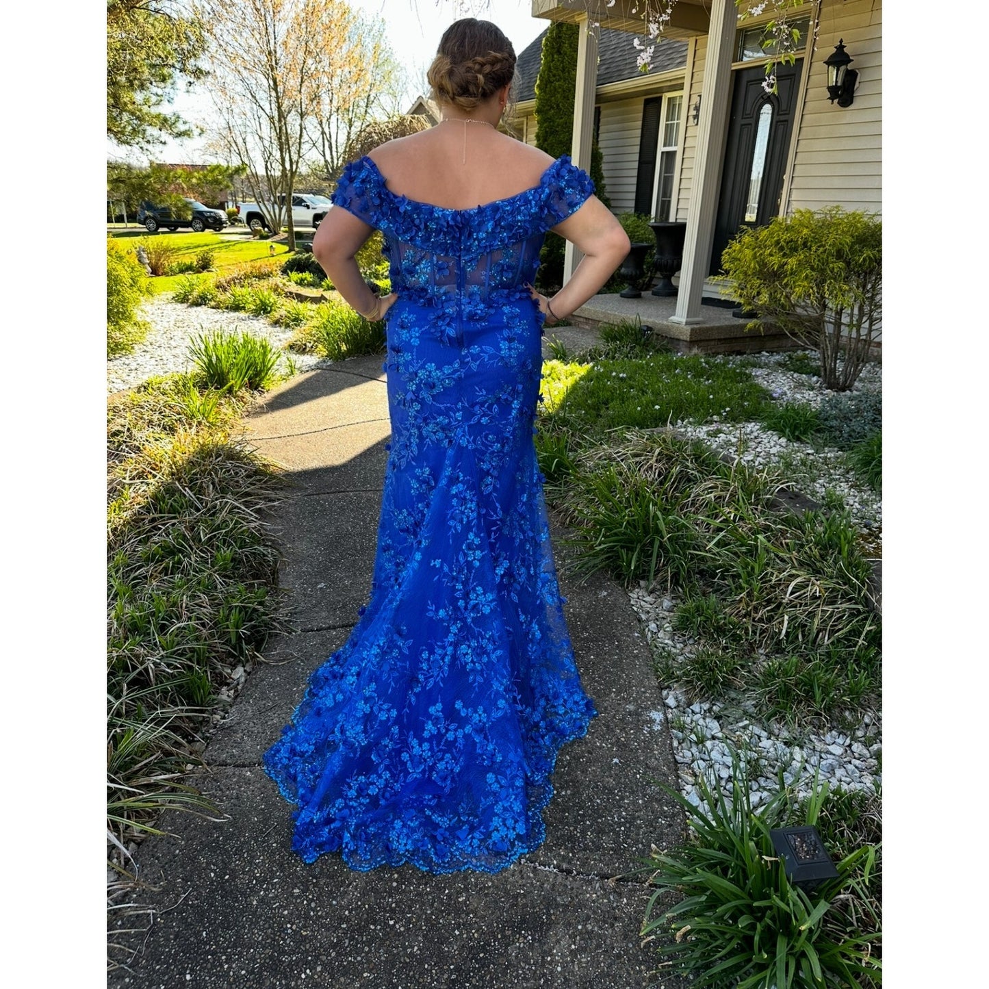 Ladivine by Cinderella Royal Blue Off The Shoulder 3D Applique Floral Gown 18