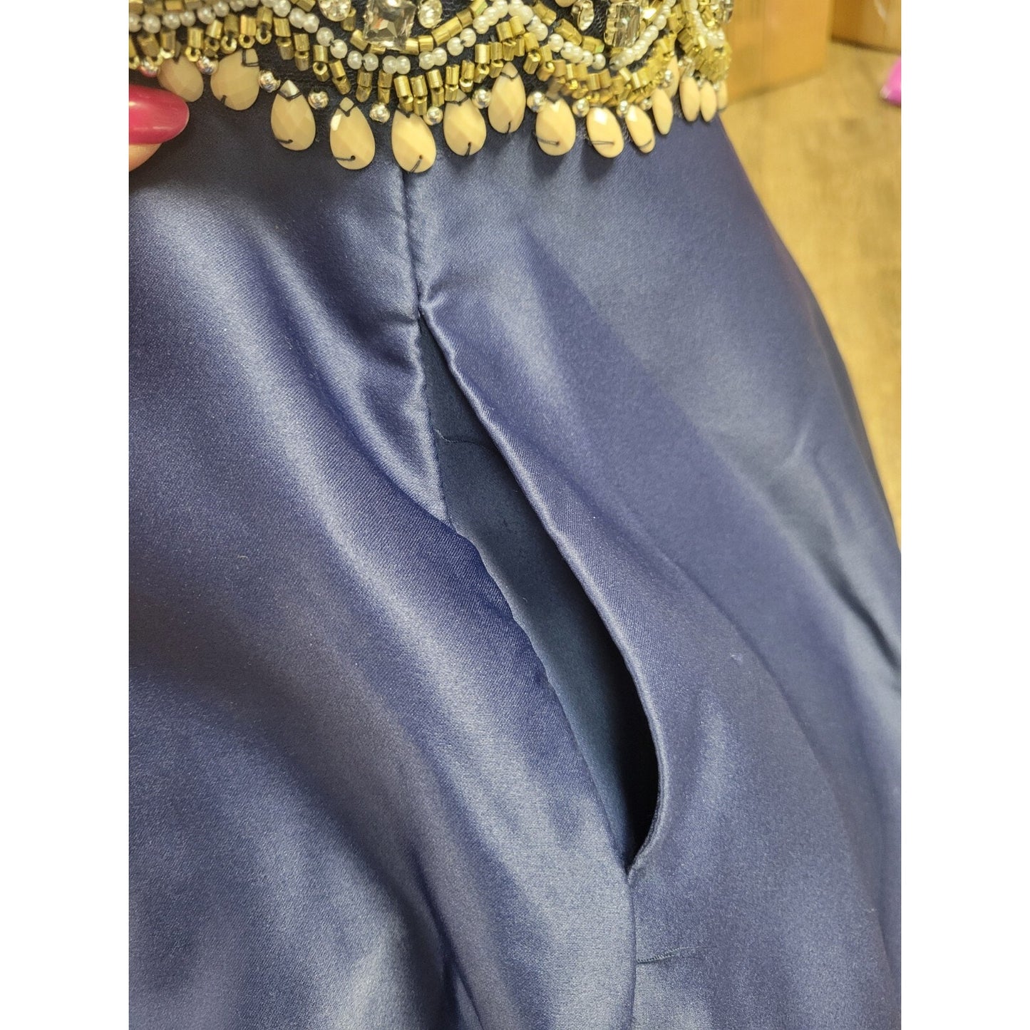 Rachel Allan Hand-Beaded Navy Blue Satin 2 Piece Prom Dance Dress Size 12