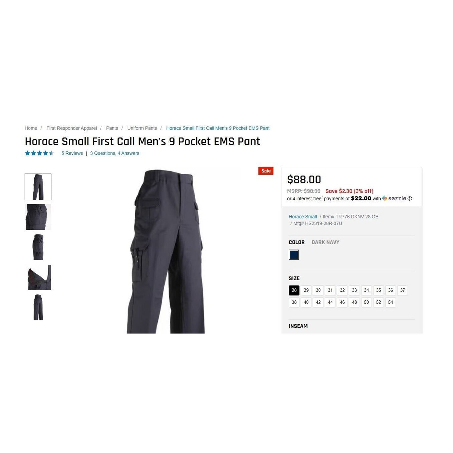 Horace Small NWT First Call Men's 9 Pocket EMS Pant Navy Blue 30x34