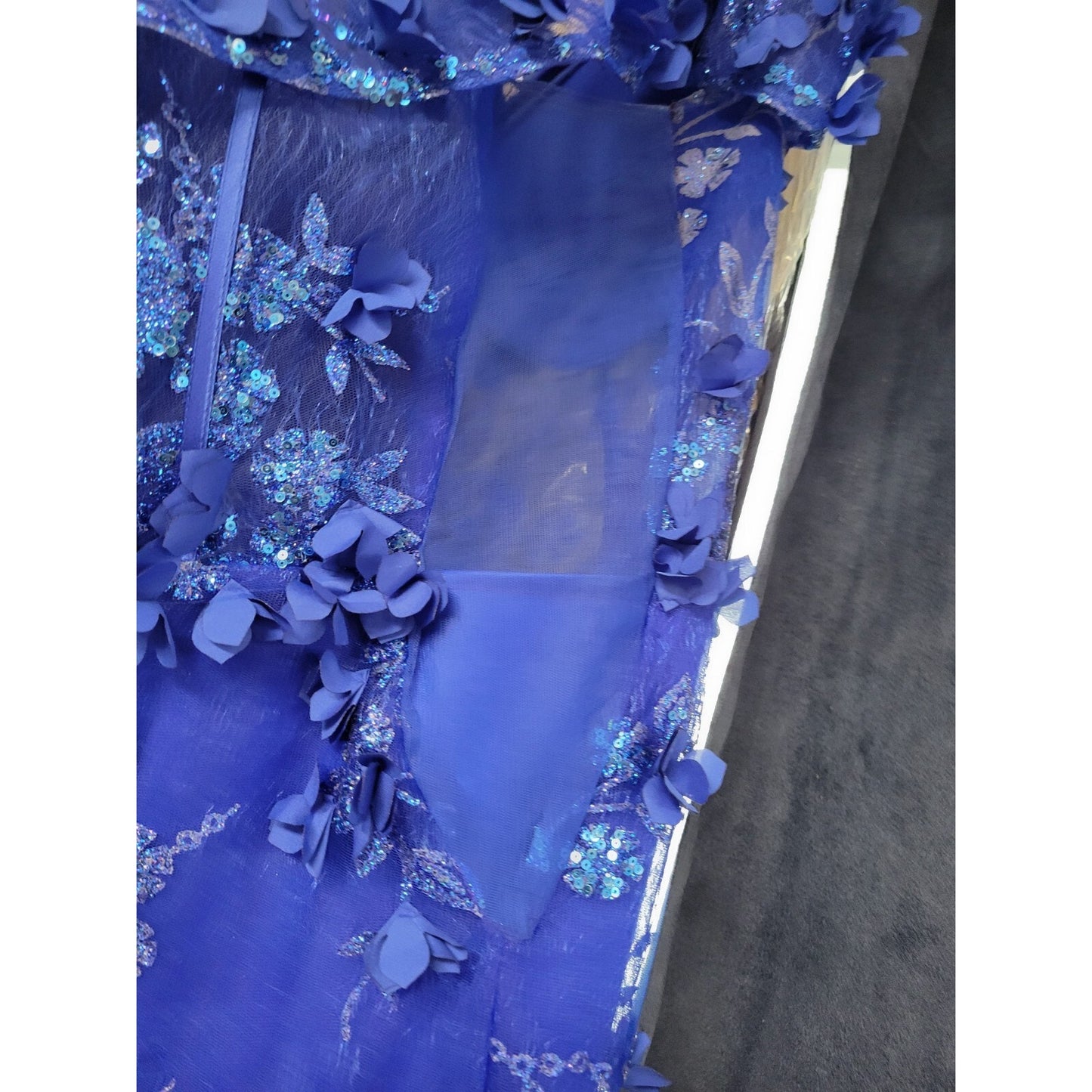Ladivine by Cinderella Royal Blue Off The Shoulder 3D Applique Floral Gown 18