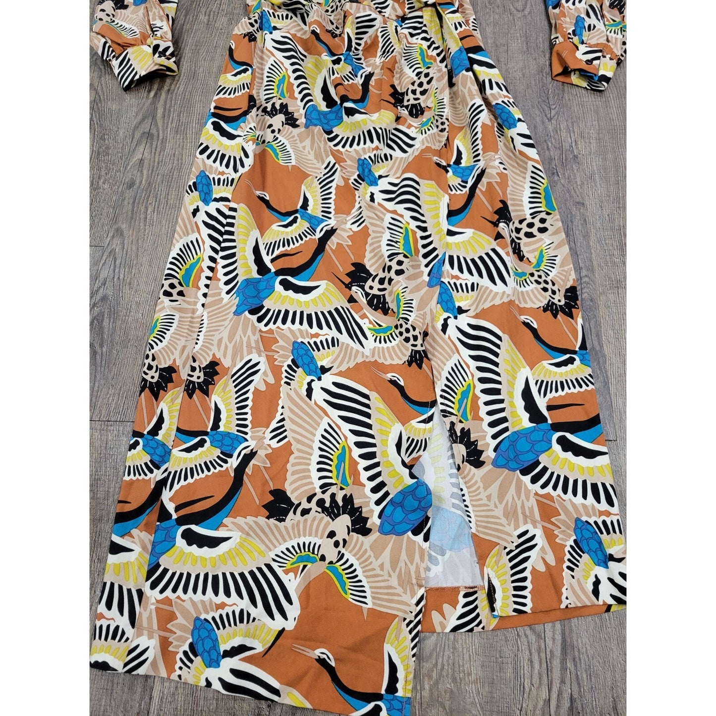TEREA NWT Raina Draped Crossover Maxi Dress, Adobe Crane Print Size Medium