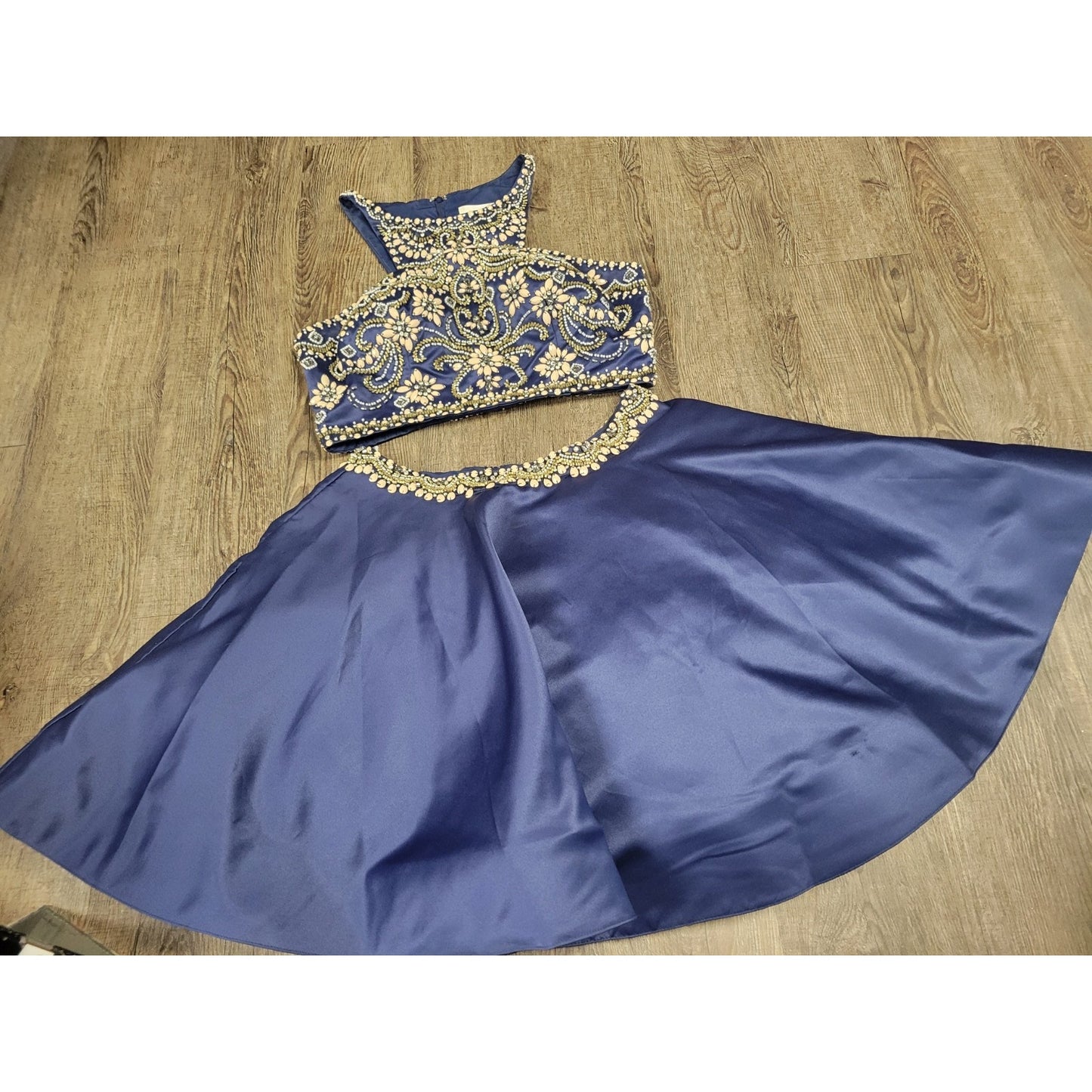 Rachel Allan Hand-Beaded Navy Blue Satin 2 Piece Prom Dance Dress Size 12