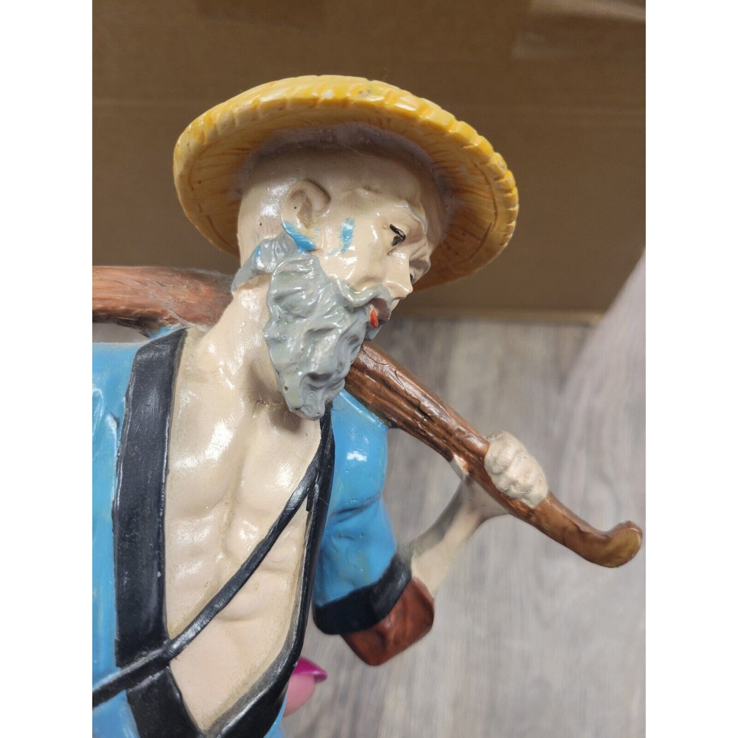 Vintage Asian Oriental 13" Fishing Fisherman Figurine Antique Statue Japanese