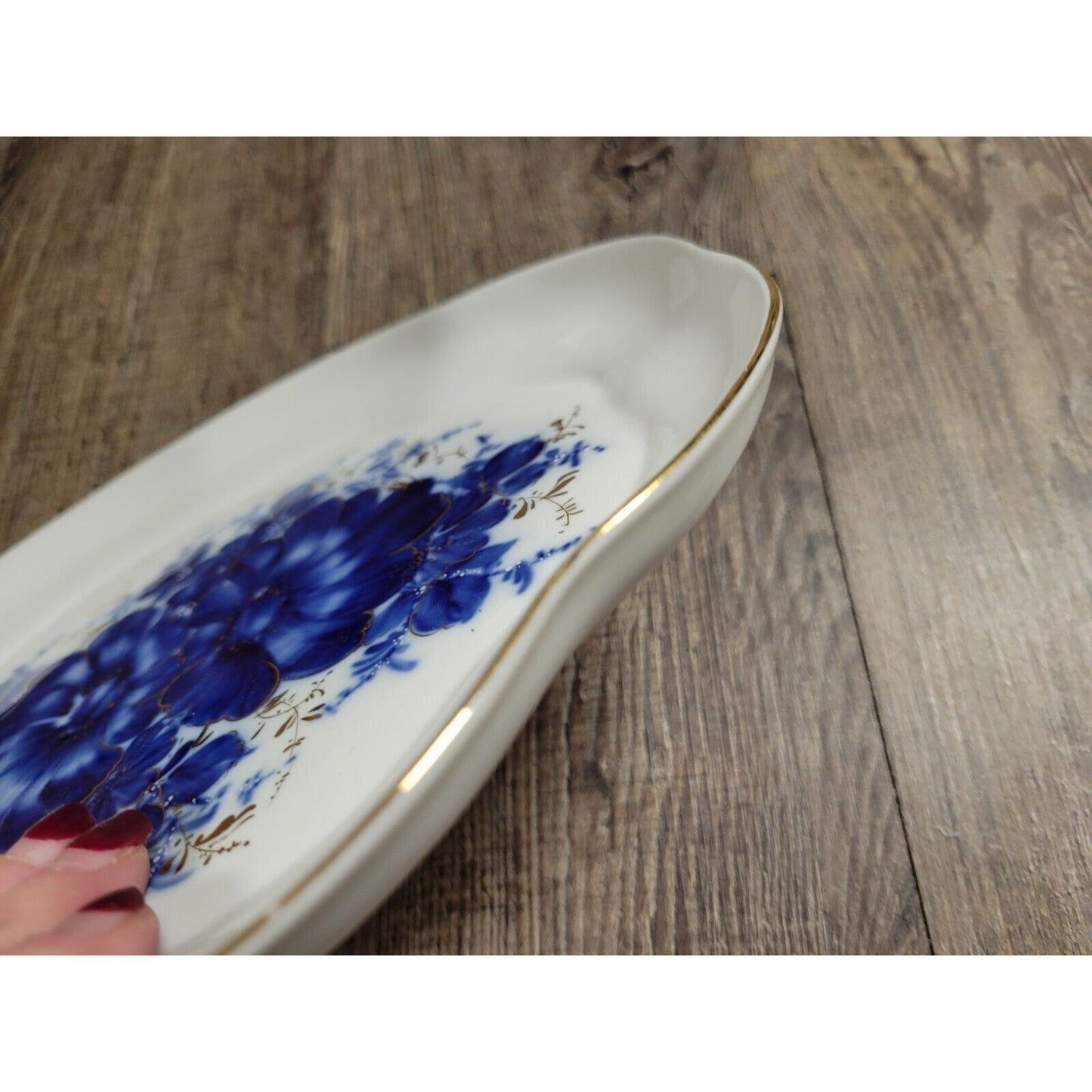 Handpainted Romania Fine Porcelain Moga Cobalt Blue Gold Trinket Box w/ Lid