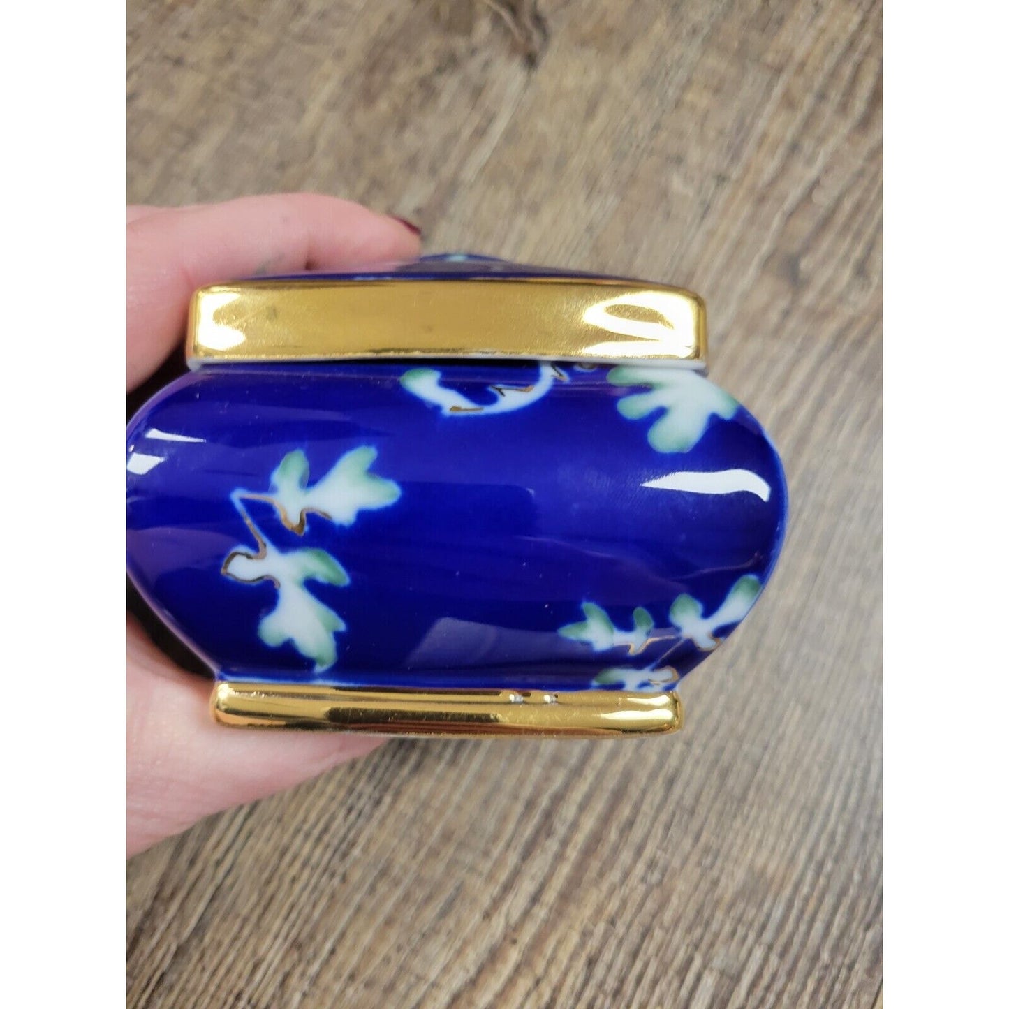 Handpainted Romania Fine Porcelain Moga Cobalt Blue Gold Trinket Box w/ Lid