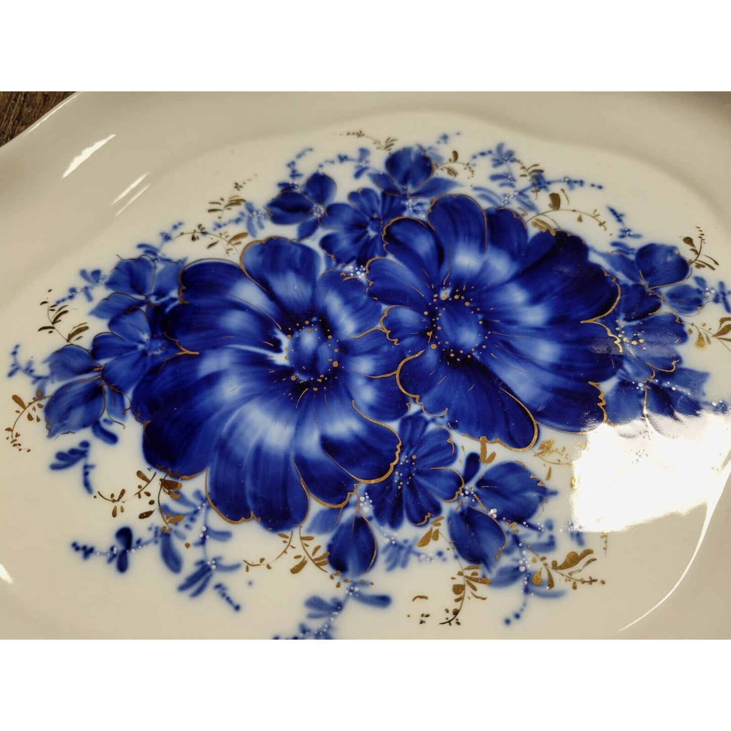 Handpainted Romania Fine Porcelain Moga Cobalt Blue Gold Trinket Box w/ Lid