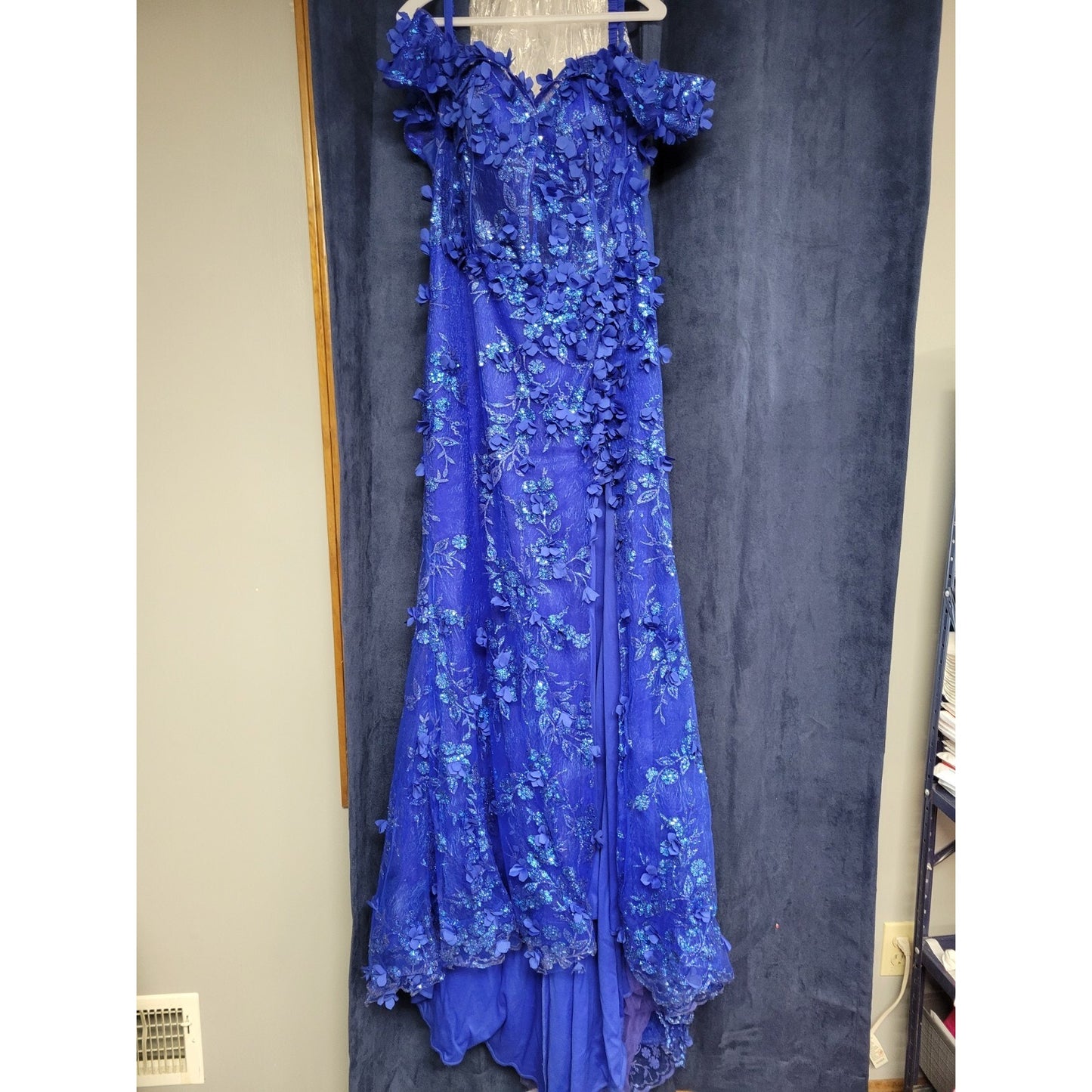 Ladivine by Cinderella Royal Blue Off The Shoulder 3D Applique Floral Gown 18