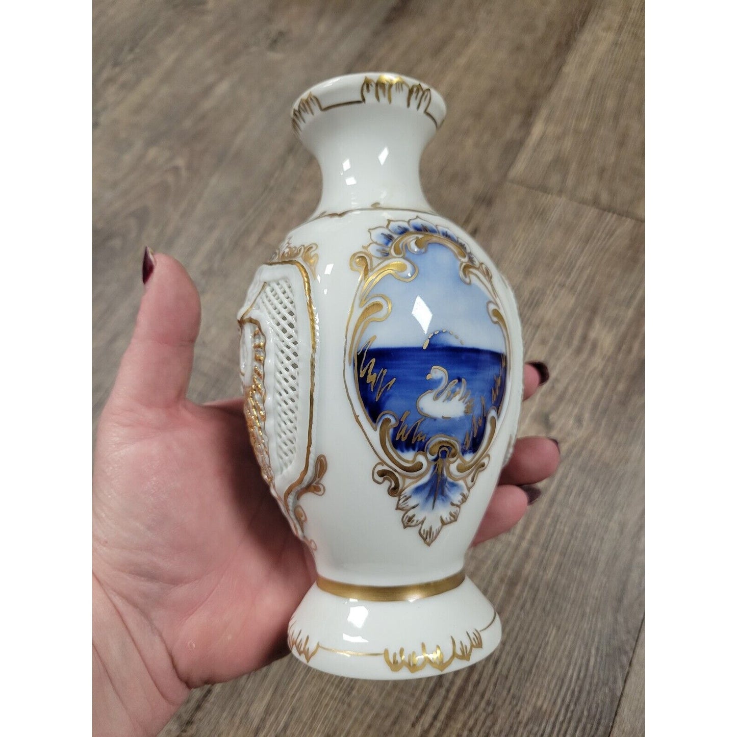 Handpainted Romania Fine Porcelain Bud Flower Vase Cobalt Blue Gold Moga Texture