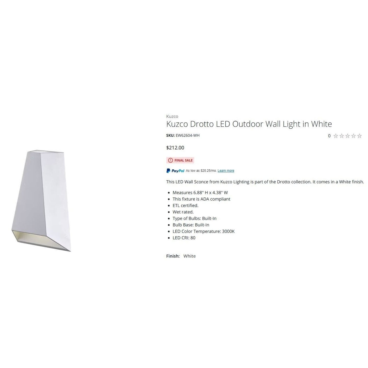 Kuzco Drotto LED Outdoor Wall Light in White Sconce High End Luxury