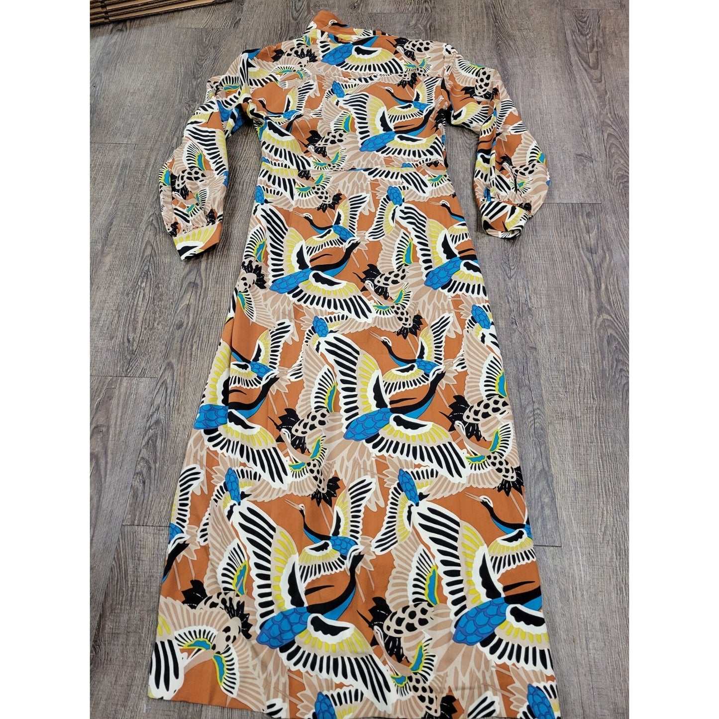 TEREA NWT Raina Draped Crossover Maxi Dress, Adobe Crane Print Size Medium