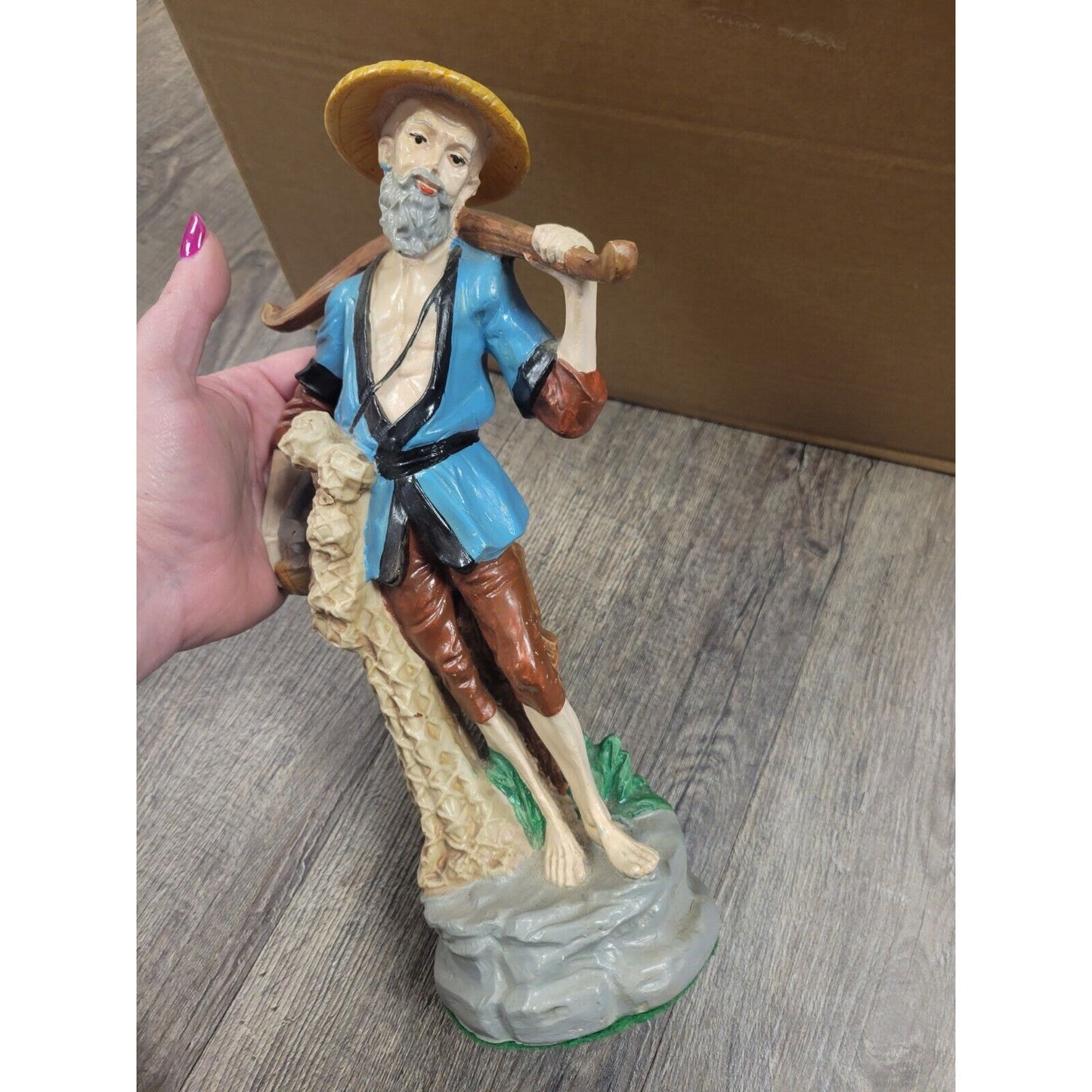 Vintage Asian Oriental 13" Fishing Fisherman Figurine Antique Statue Japanese
