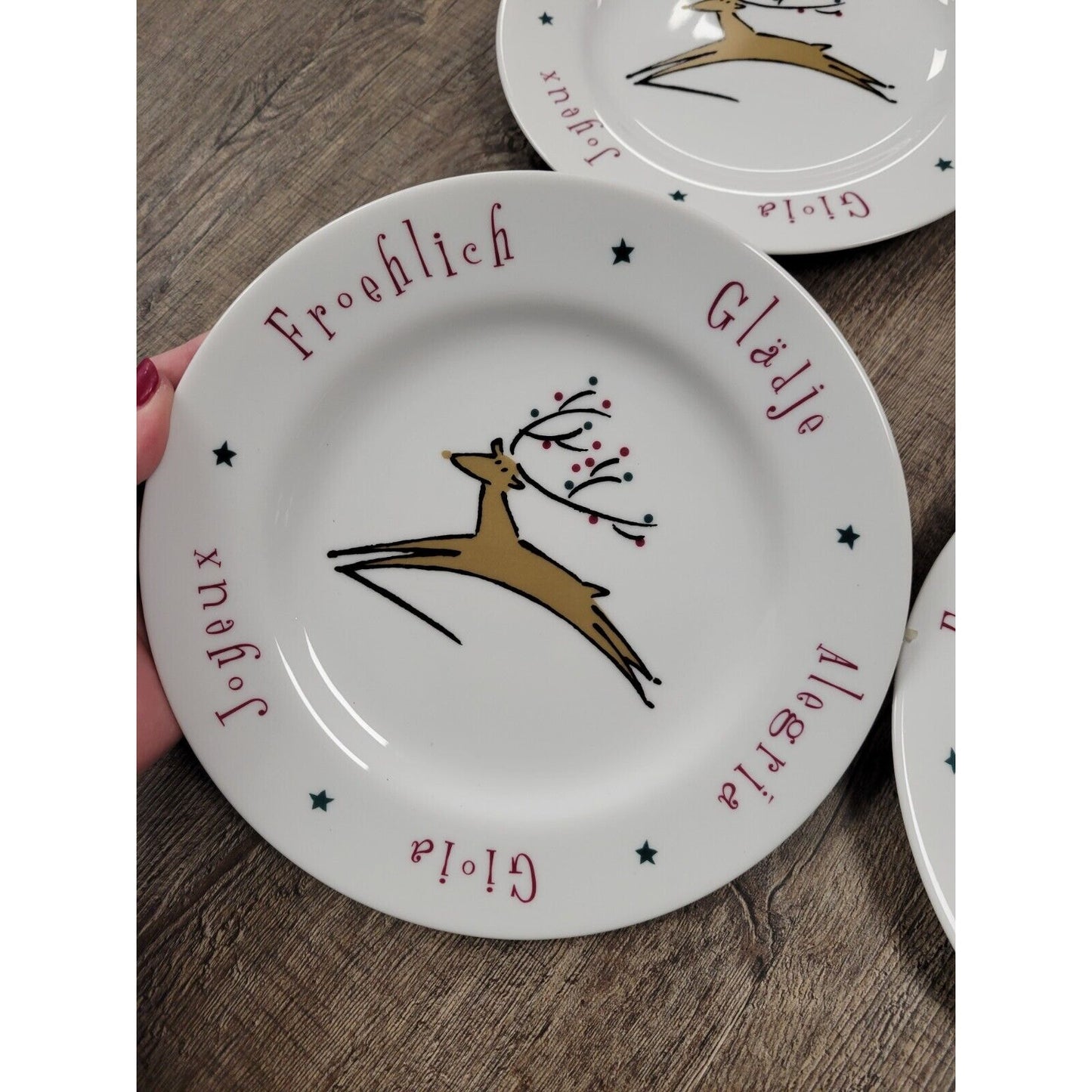 World Market REINDEER - JOY 8" Dessert Plate Set of 6 Christmas Porcelain