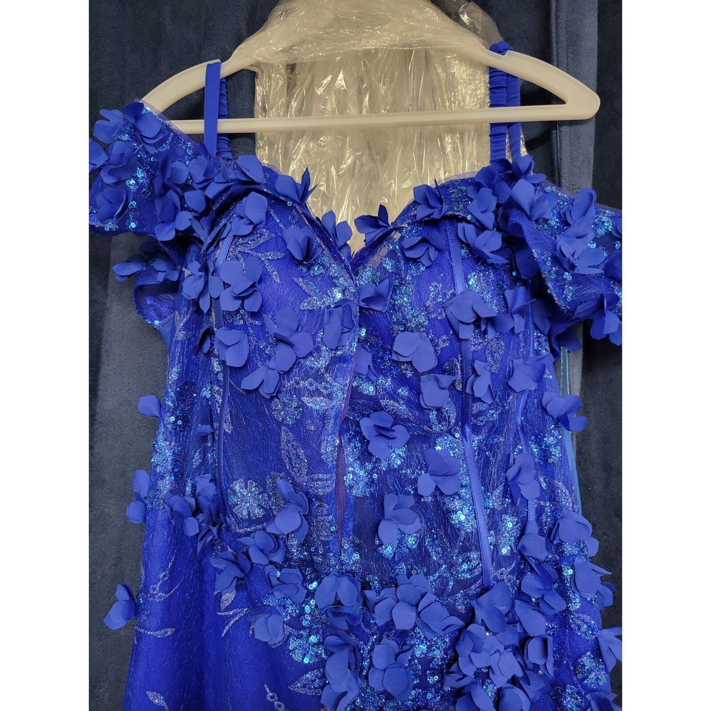 Ladivine by Cinderella Royal Blue Off The Shoulder 3D Applique Floral Gown 18
