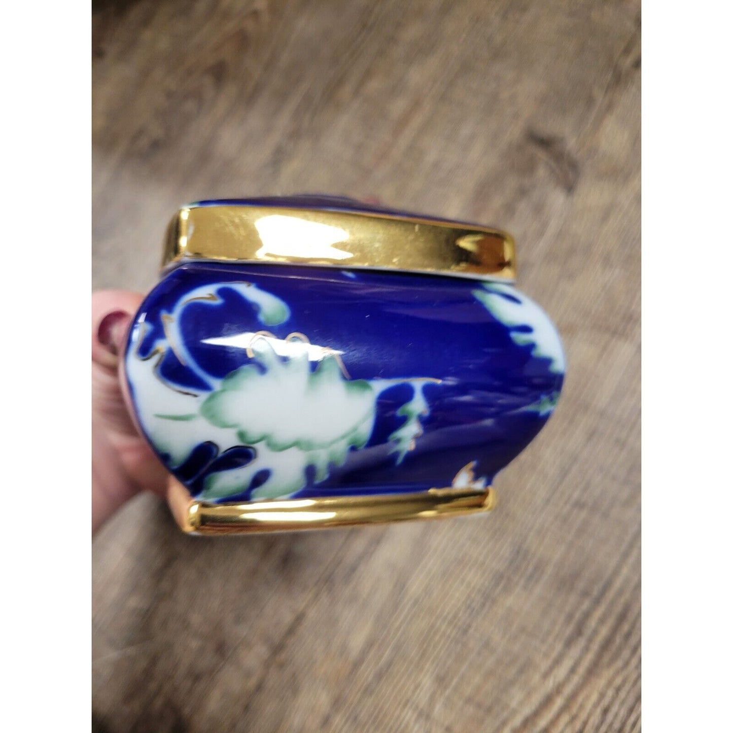 Handpainted Romania Fine Porcelain Moga Cobalt Blue Gold Trinket Box w/ Lid
