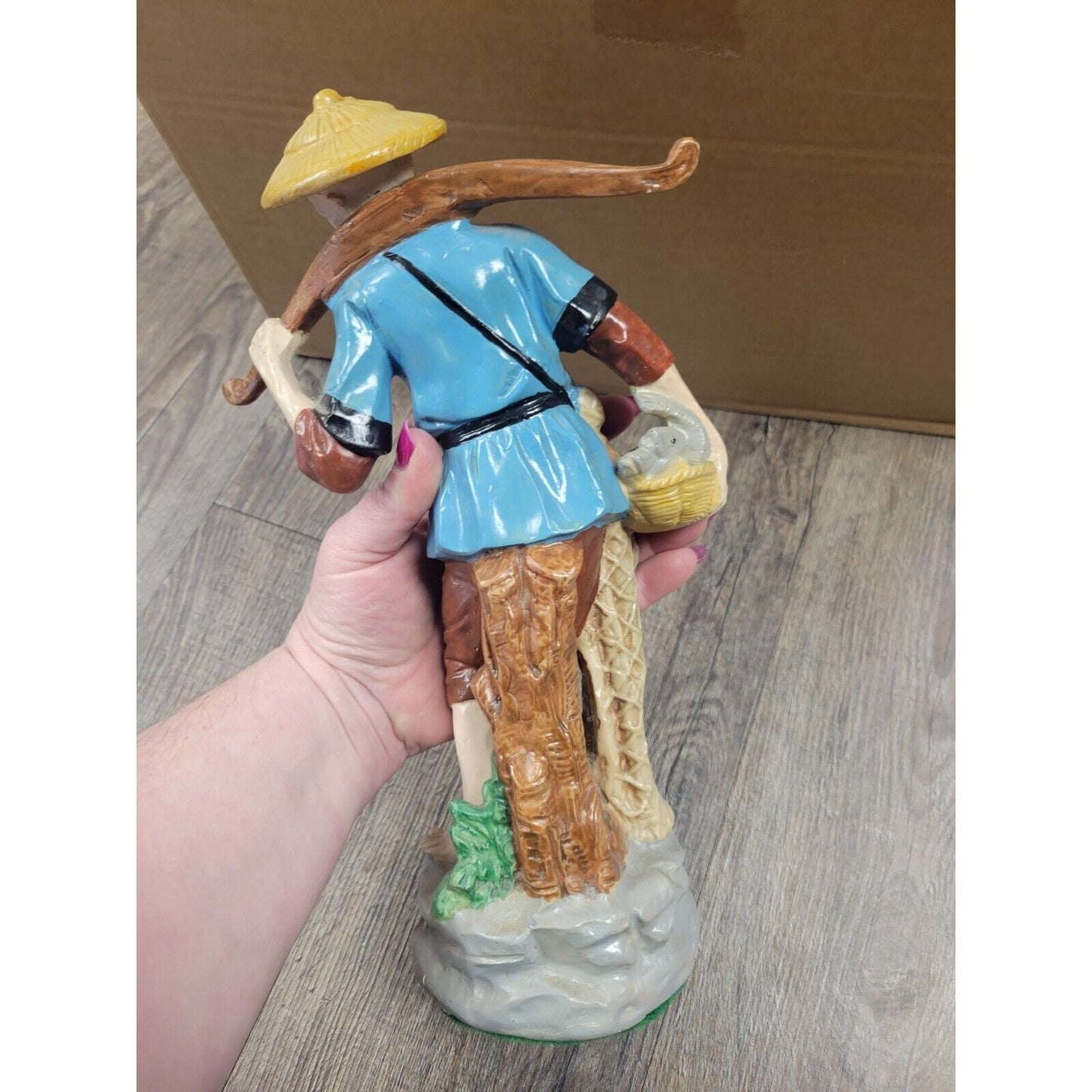 Vintage Asian Oriental 13" Fishing Fisherman Figurine Antique Statue Japanese