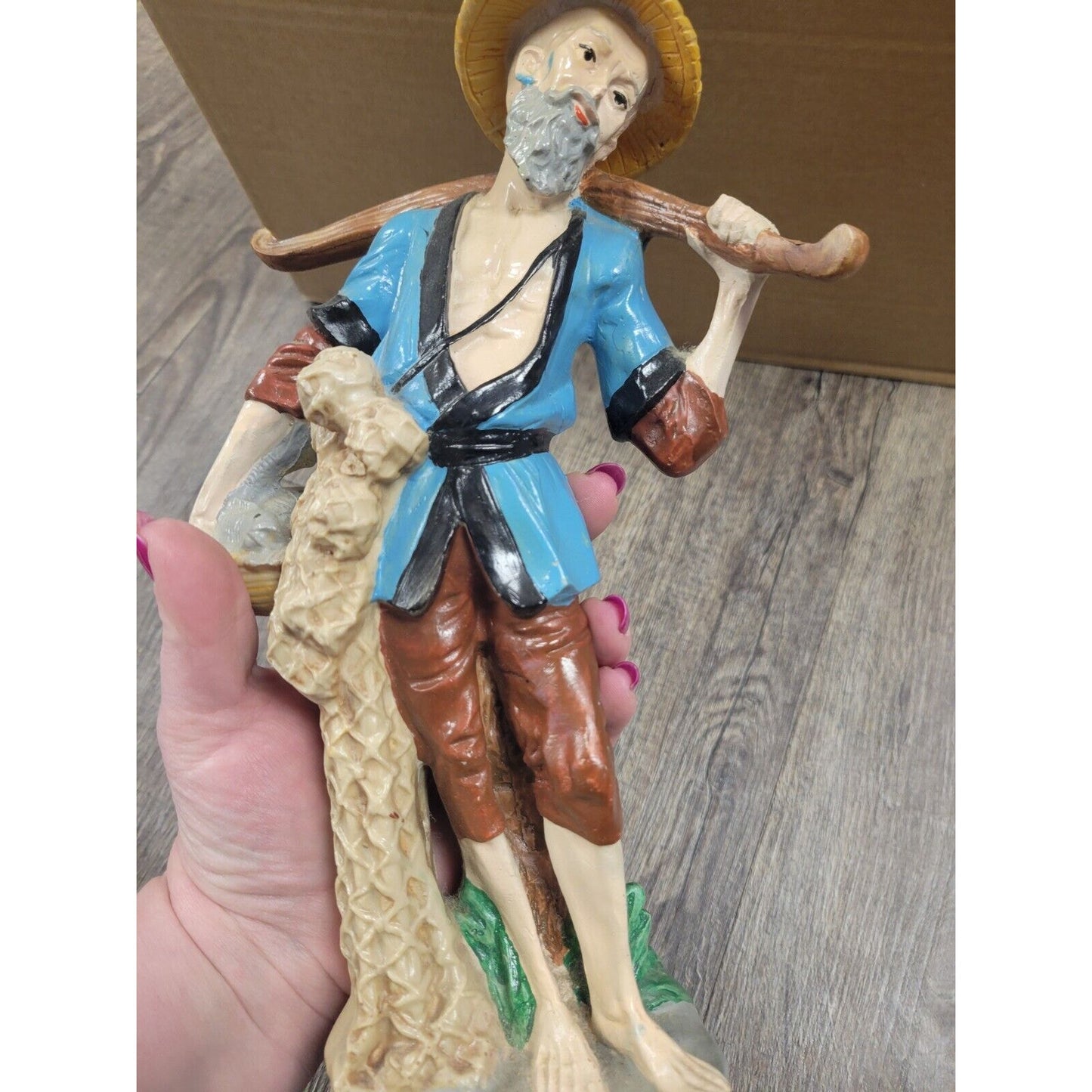 Vintage Asian Oriental 13" Fishing Fisherman Figurine Antique Statue Japanese