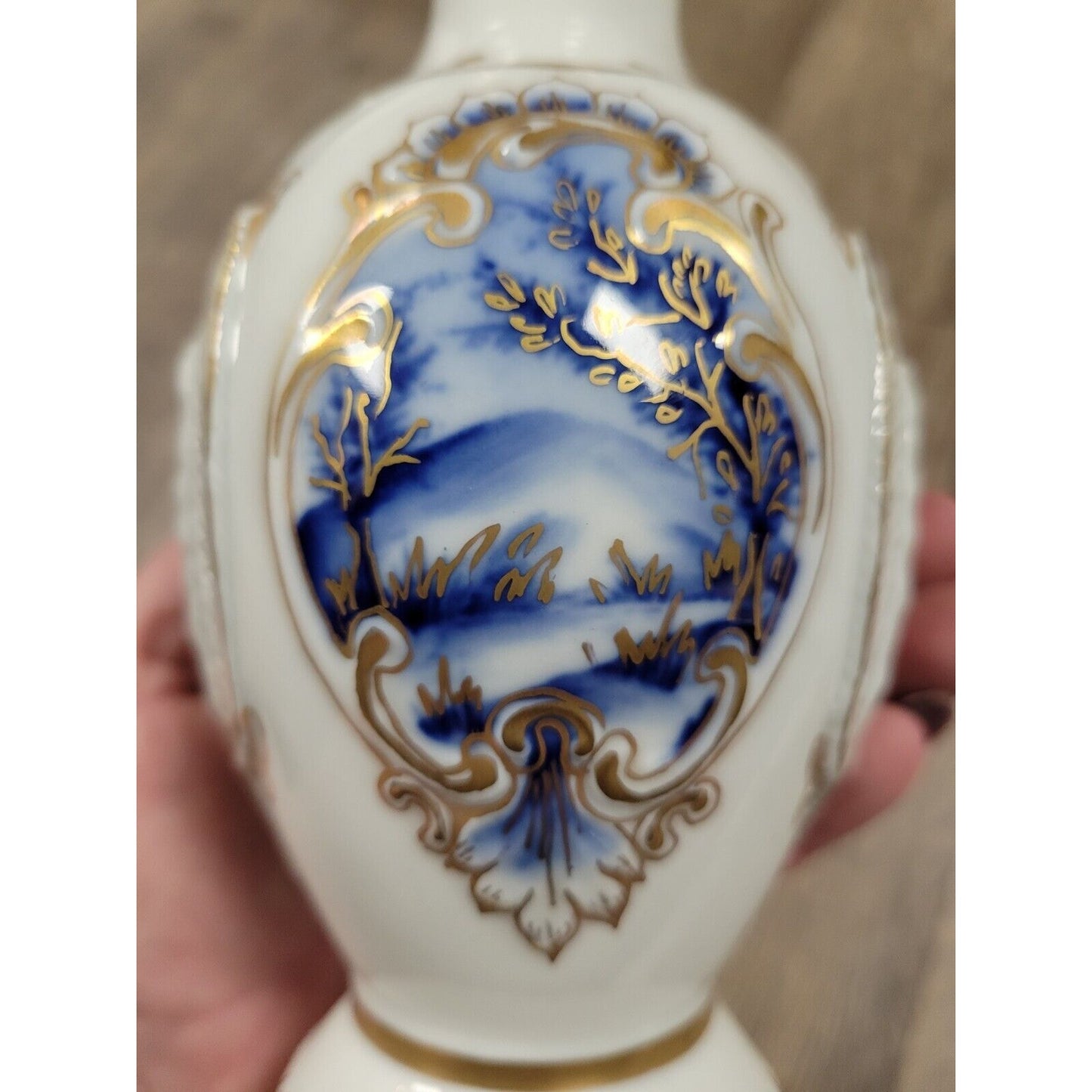 Handpainted Romania Fine Porcelain Bud Flower Vase Cobalt Blue Gold Moga Texture