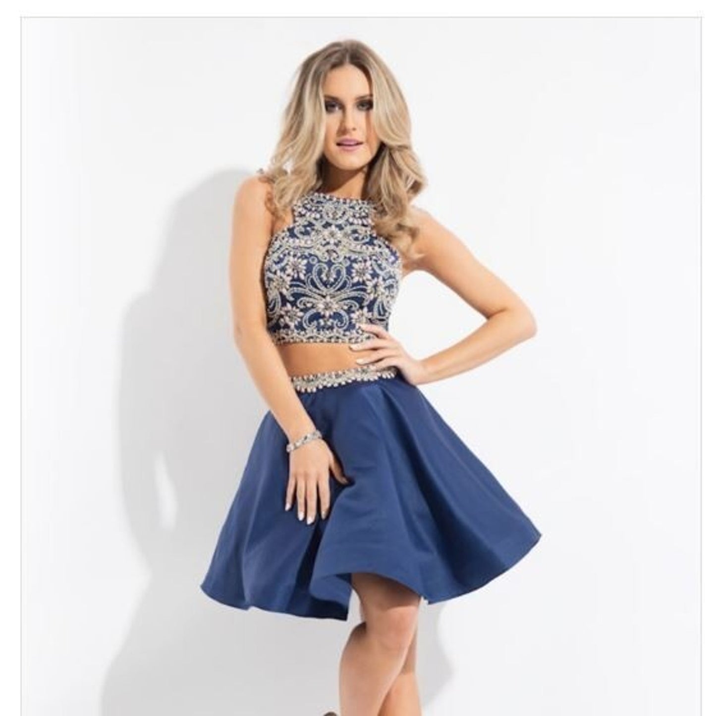 Rachel Allan Hand-Beaded Navy Blue Satin 2 Piece Prom Dance Dress Size 12