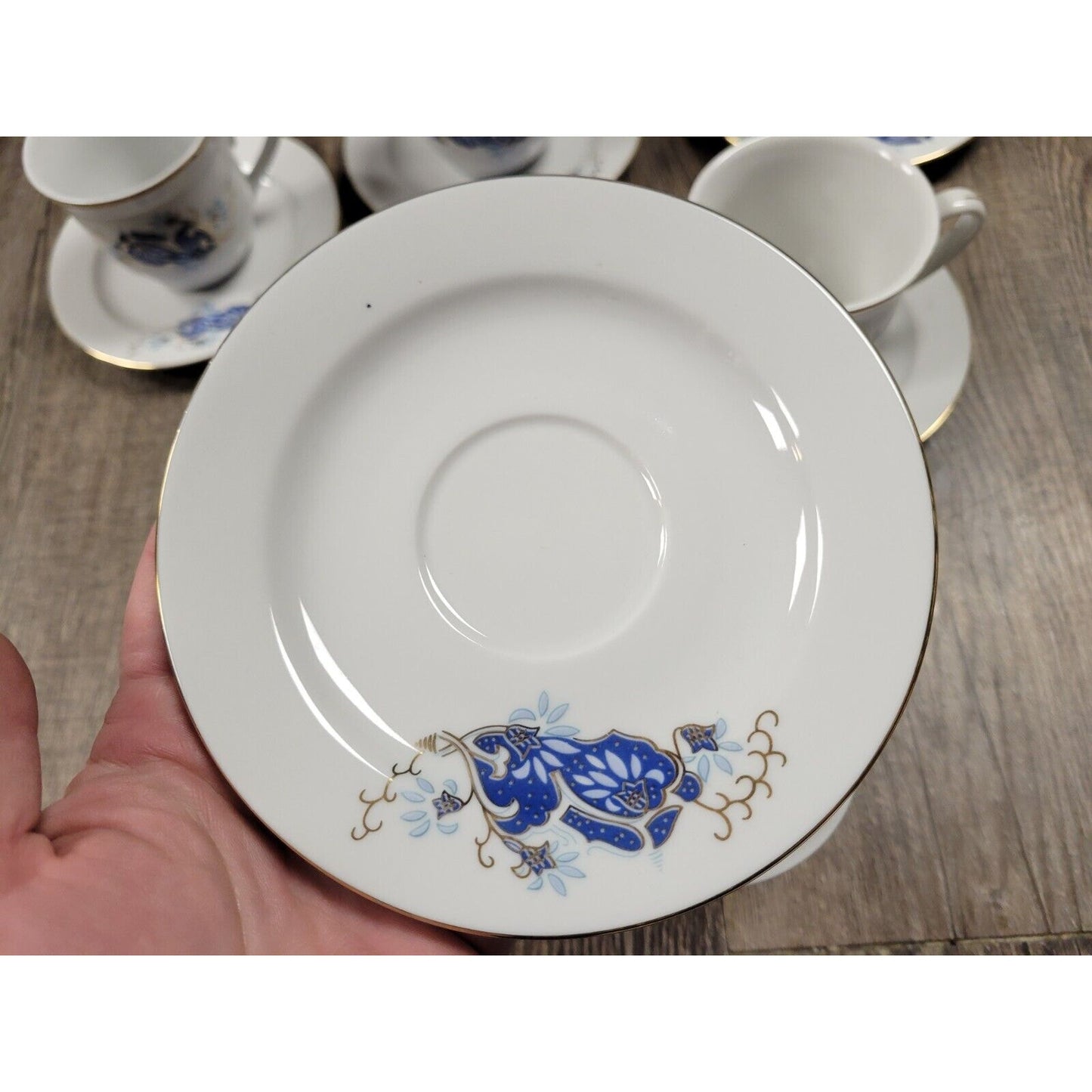 Handpainted Romania Blue Fine Porcelain Tea Cups Saucers 10 Pieces Vintage White