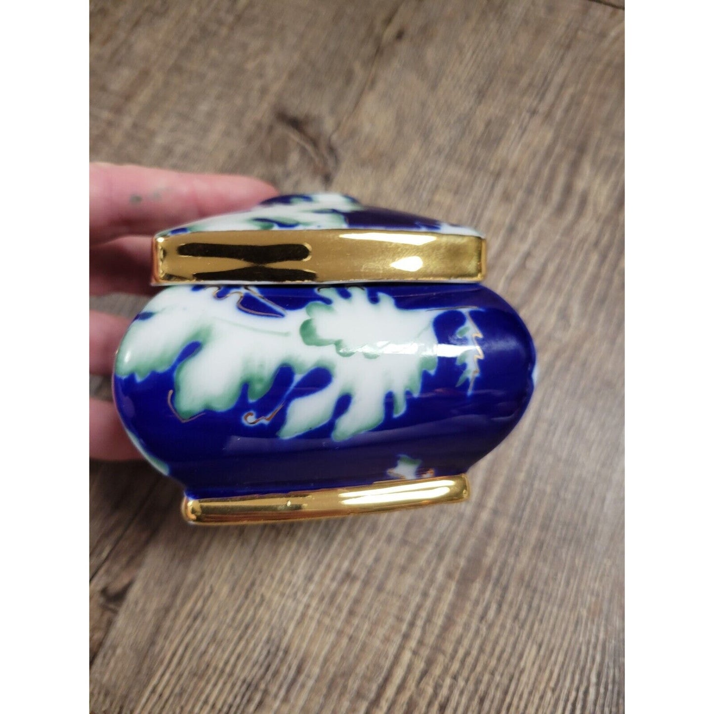 Handpainted Romania Fine Porcelain Moga Cobalt Blue Gold Trinket Box w/ Lid