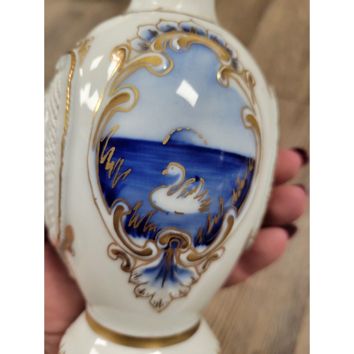 Handpainted Romania Fine Porcelain Bud Flower Vase Cobalt Blue Gold Moga Texture