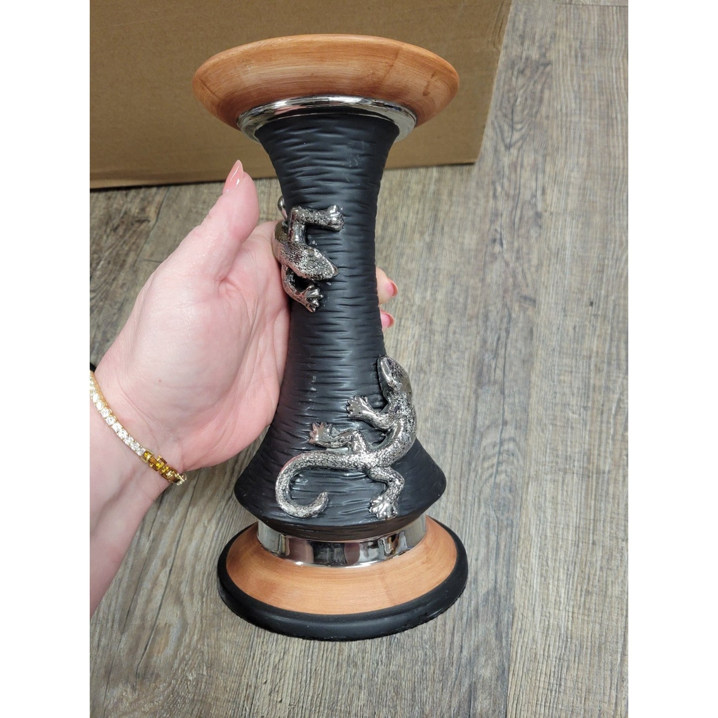 Fitz & Floyd Exoticals Salamander Pillar Candleholders Black Decor Lizard Pair