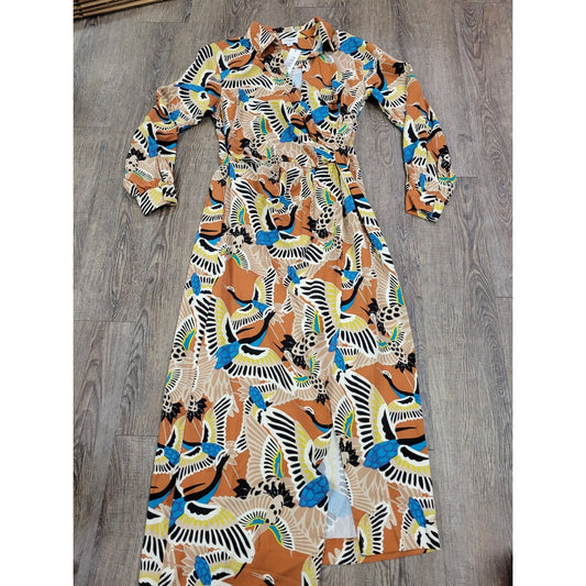 TEREA NWT Raina Draped Crossover Maxi Dress, Adobe Crane Print Size Medium