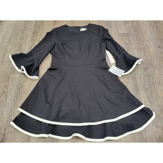 Eliza J NWT Black White Trim Bell Sleeve Layered Ponte Knit Fit N Flare Dress 8P