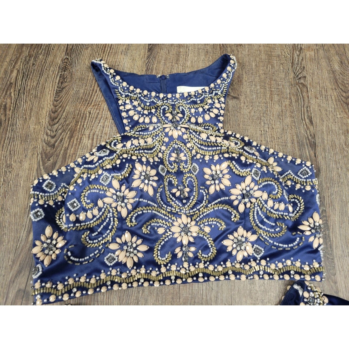Rachel Allan Hand-Beaded Navy Blue Satin 2 Piece Prom Dance Dress Size 12