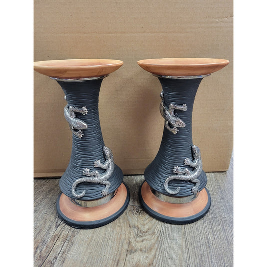 Fitz & Floyd Exoticals Salamander Pillar Candleholders Black Decor Lizard Pair