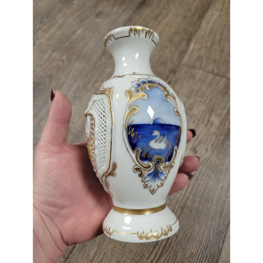 Handpainted Romania Fine Porcelain Bud Flower Vase Cobalt Blue Gold Moga Texture
