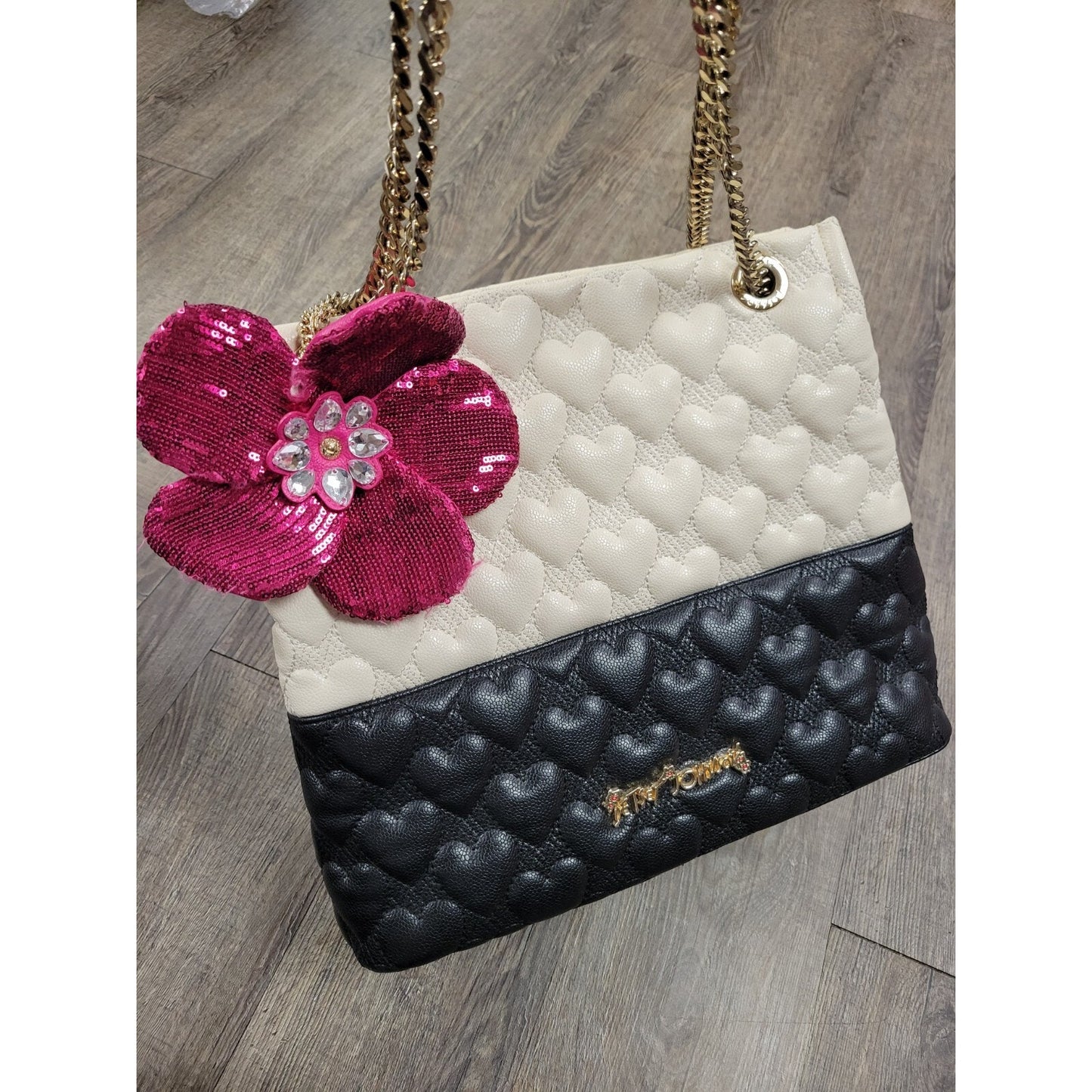 Betsey Johnson Be My Better Half Handbag Chain Strap Black Ivory Pink Purse