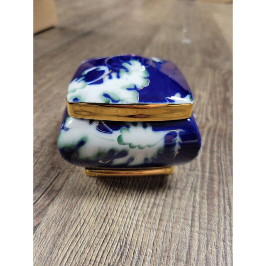 Handpainted Romania Fine Porcelain Moga Cobalt Blue Gold Trinket Box w/ Lid
