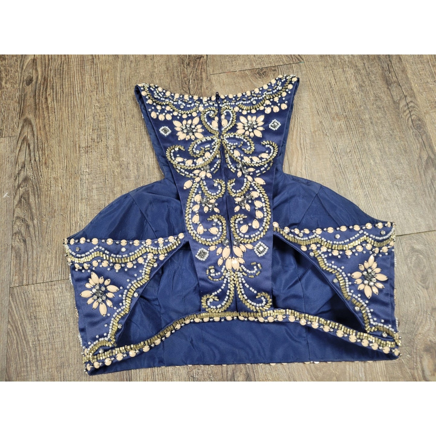 Rachel Allan Hand-Beaded Navy Blue Satin 2 Piece Prom Dance Dress Size 12