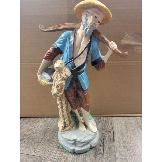 Vintage Asian Oriental 13" Fishing Fisherman Figurine Antique Statue Japanese