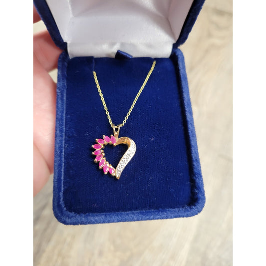 Ruby Pink Diamond Heart Necklace Gold Vermeil over Sterling Silver - 18" Chain